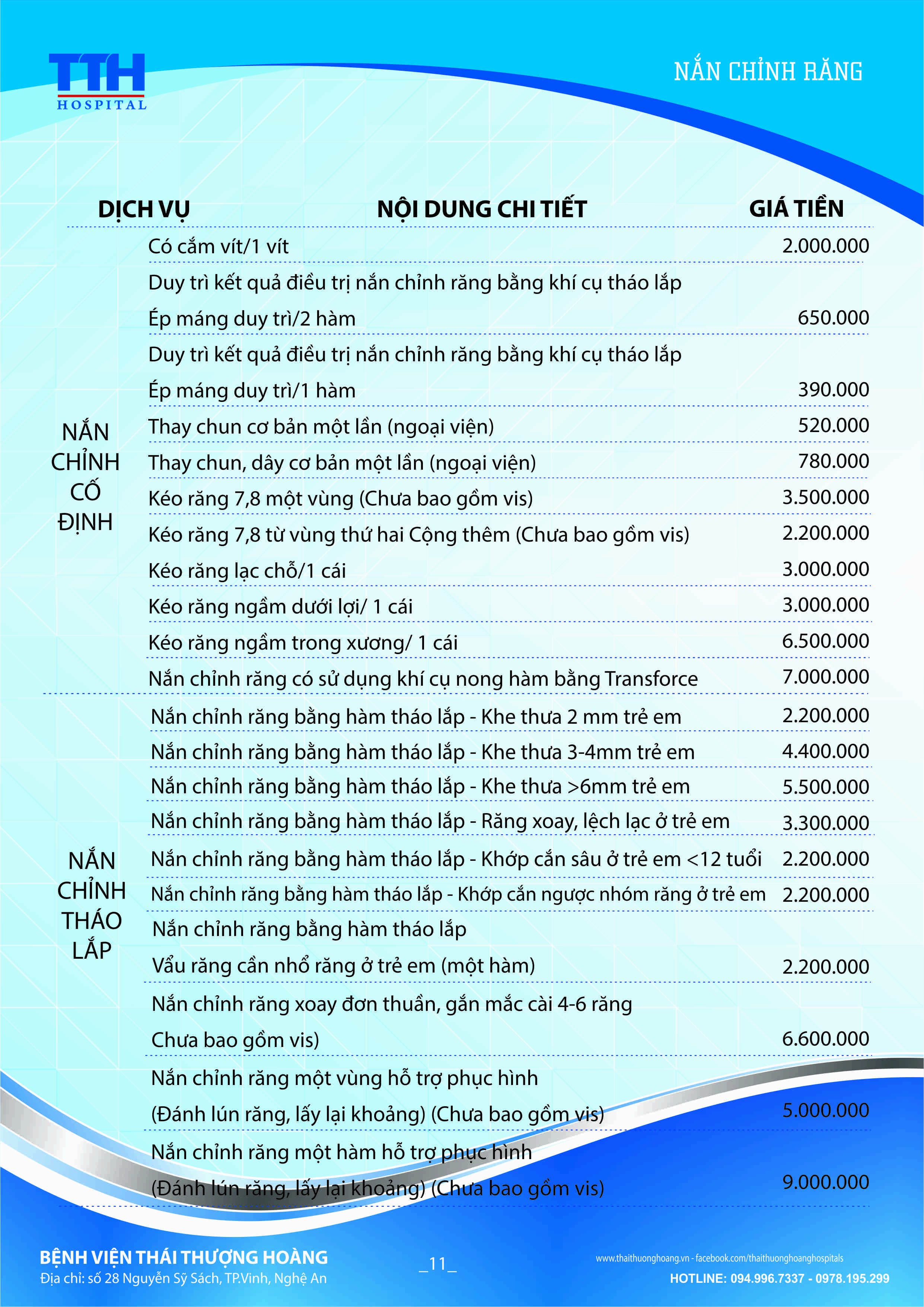 Bảng giá niêm yết Dịch vụ Răng hàm mặt Bệnh viện Thái Thượng Hoàng 11