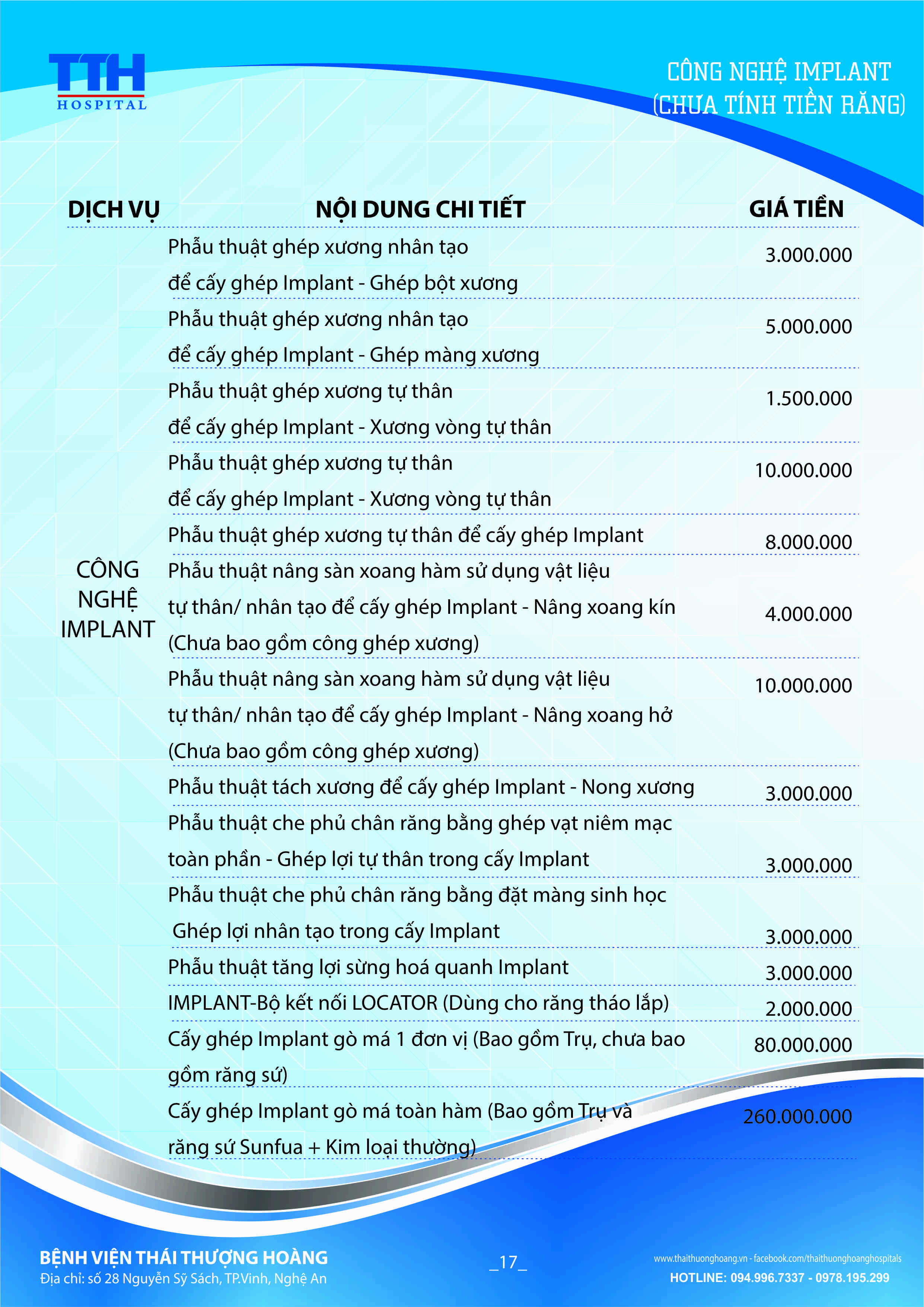 Bảng giá niêm yết Dịch vụ Răng hàm mặt Bệnh viện Thái Thượng Hoàng 17