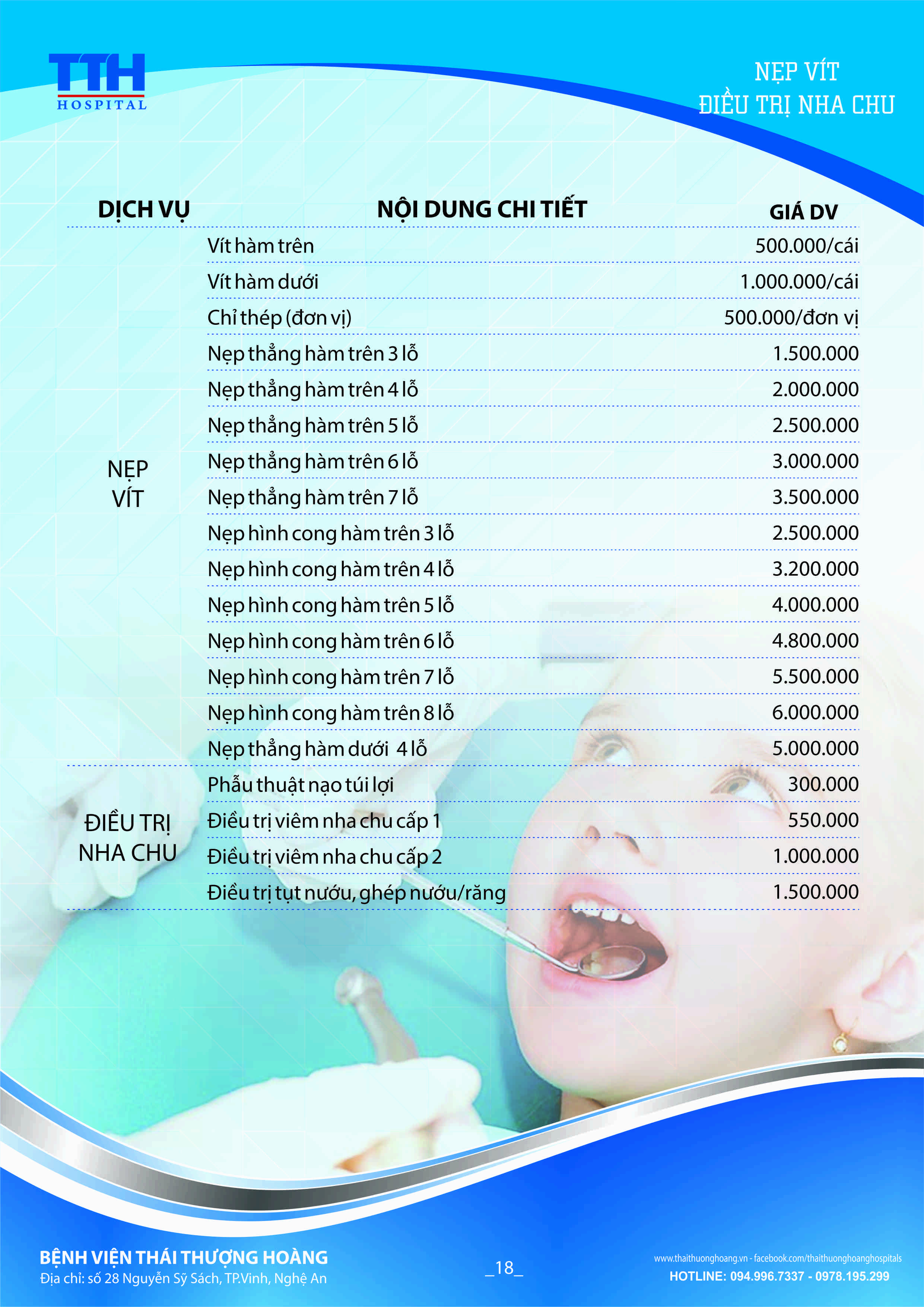 Bảng giá niêm yết Dịch vụ Răng hàm mặt Bệnh viện Thái Thượng Hoàng 18