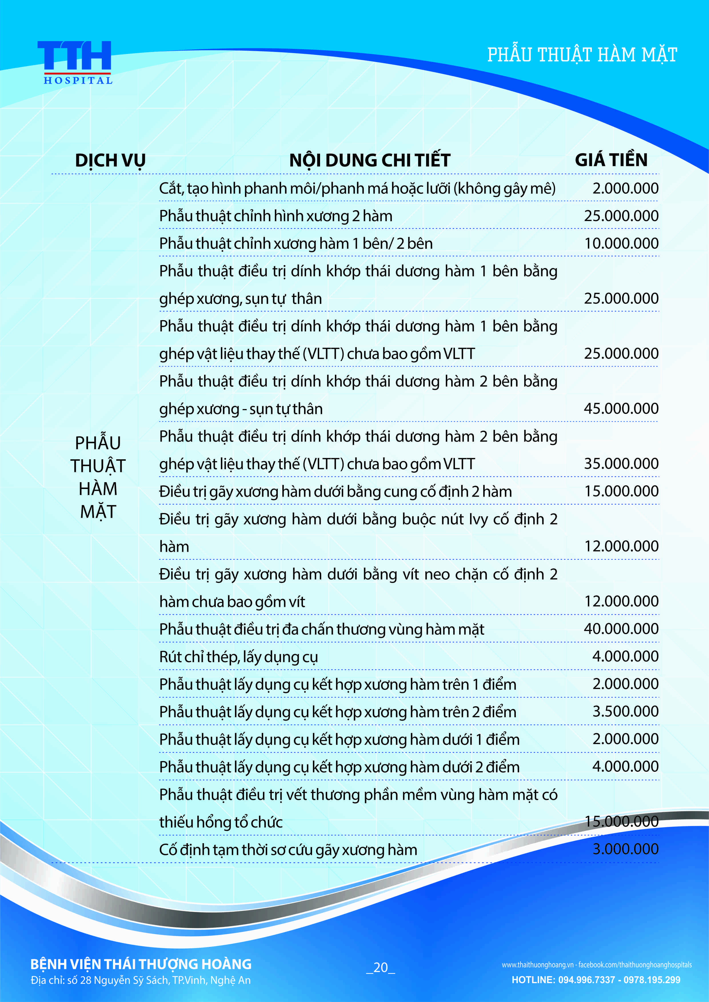 Bảng giá niêm yết Dịch vụ Răng hàm mặt Bệnh viện Thái Thượng Hoàng 20