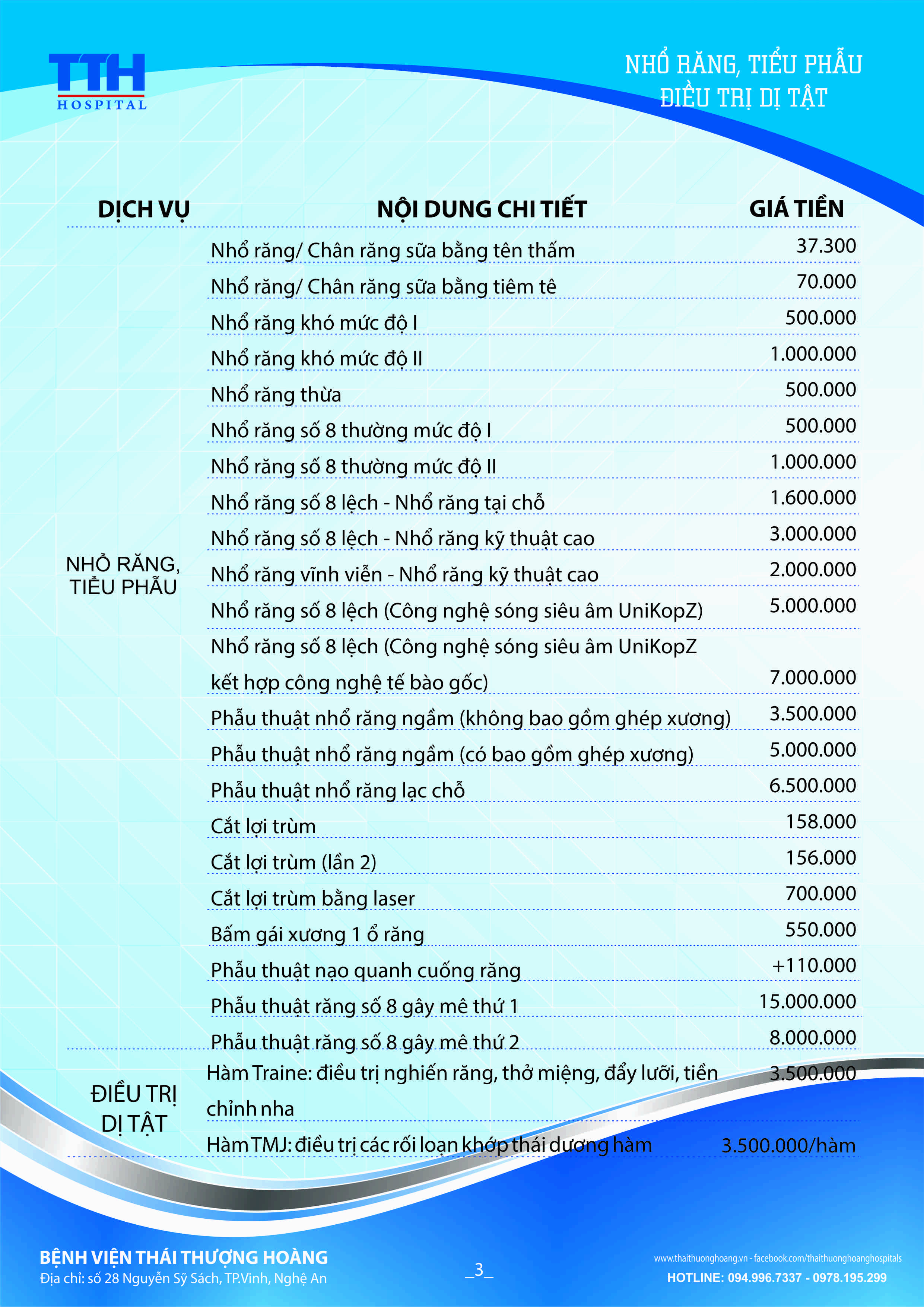 Bảng giá niêm yết Dịch vụ Răng hàm mặt Bệnh viện Thái Thượng Hoàng 3