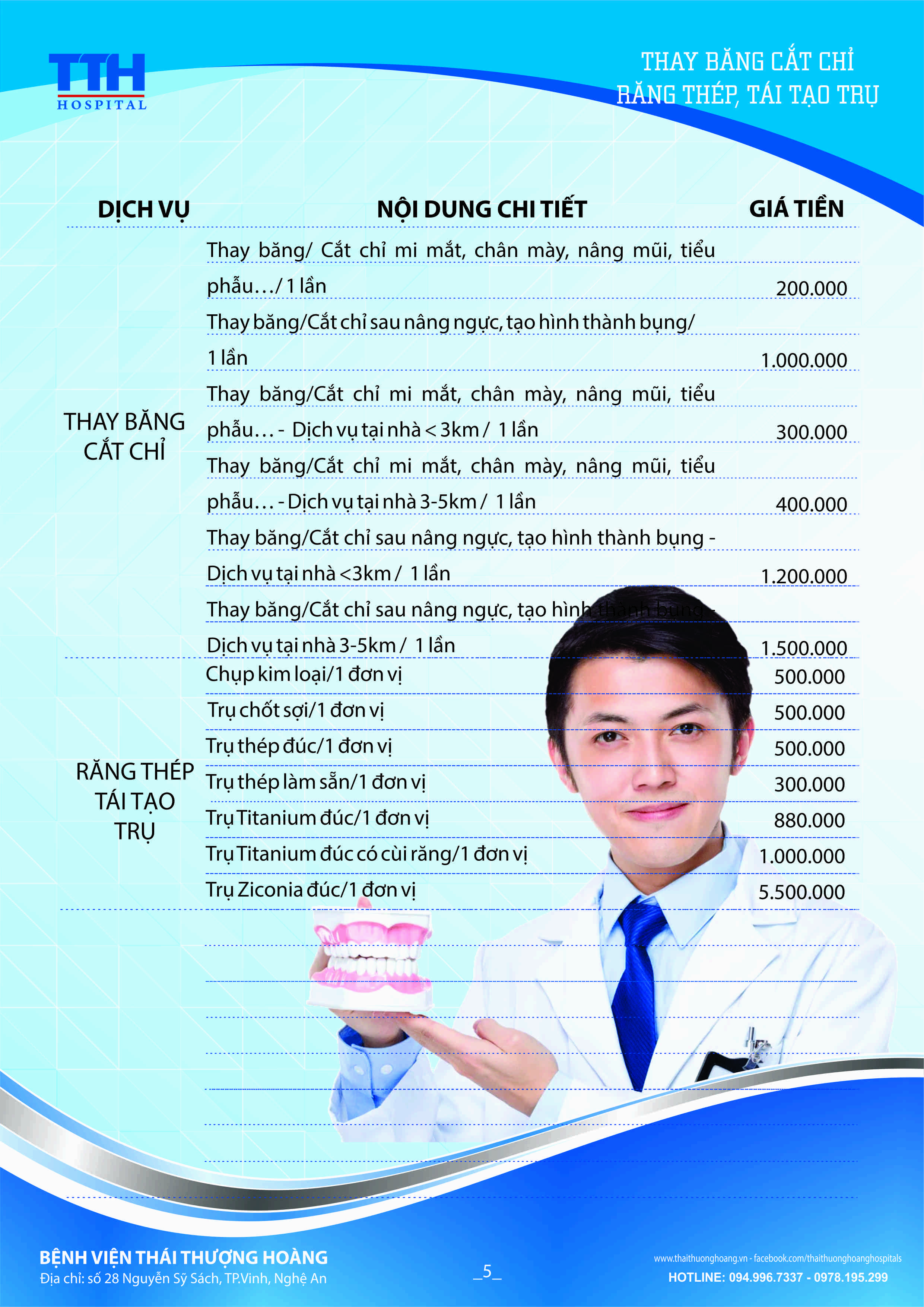 Bảng giá niêm yết Dịch vụ Răng hàm mặt Bệnh viện Thái Thượng Hoàng 5
