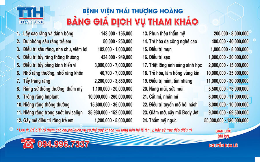 Bảng giá bệnh viện Thái Thượng Hoàng